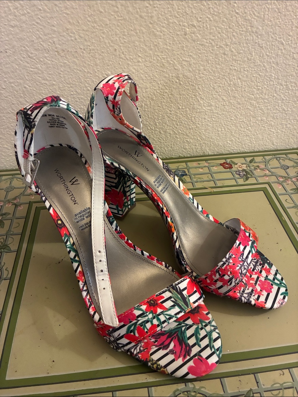 Worthington Floral Ankle-Strap Block Heels - White with Pink & Green